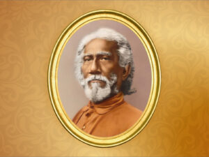Swami Sri Yukteswar altar image in gold oval on dark gold background